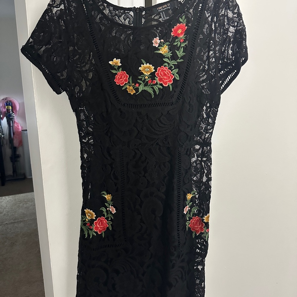 Forever 21 Black Lace Dress with Floral Embroidery